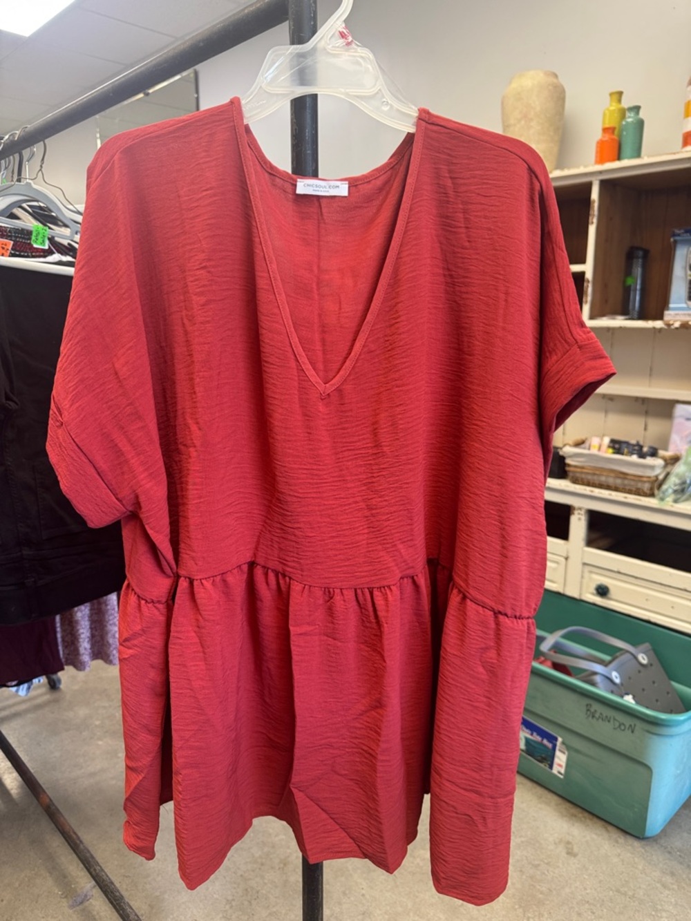 Crinkle V-Neck Babydoll Tunic - Red